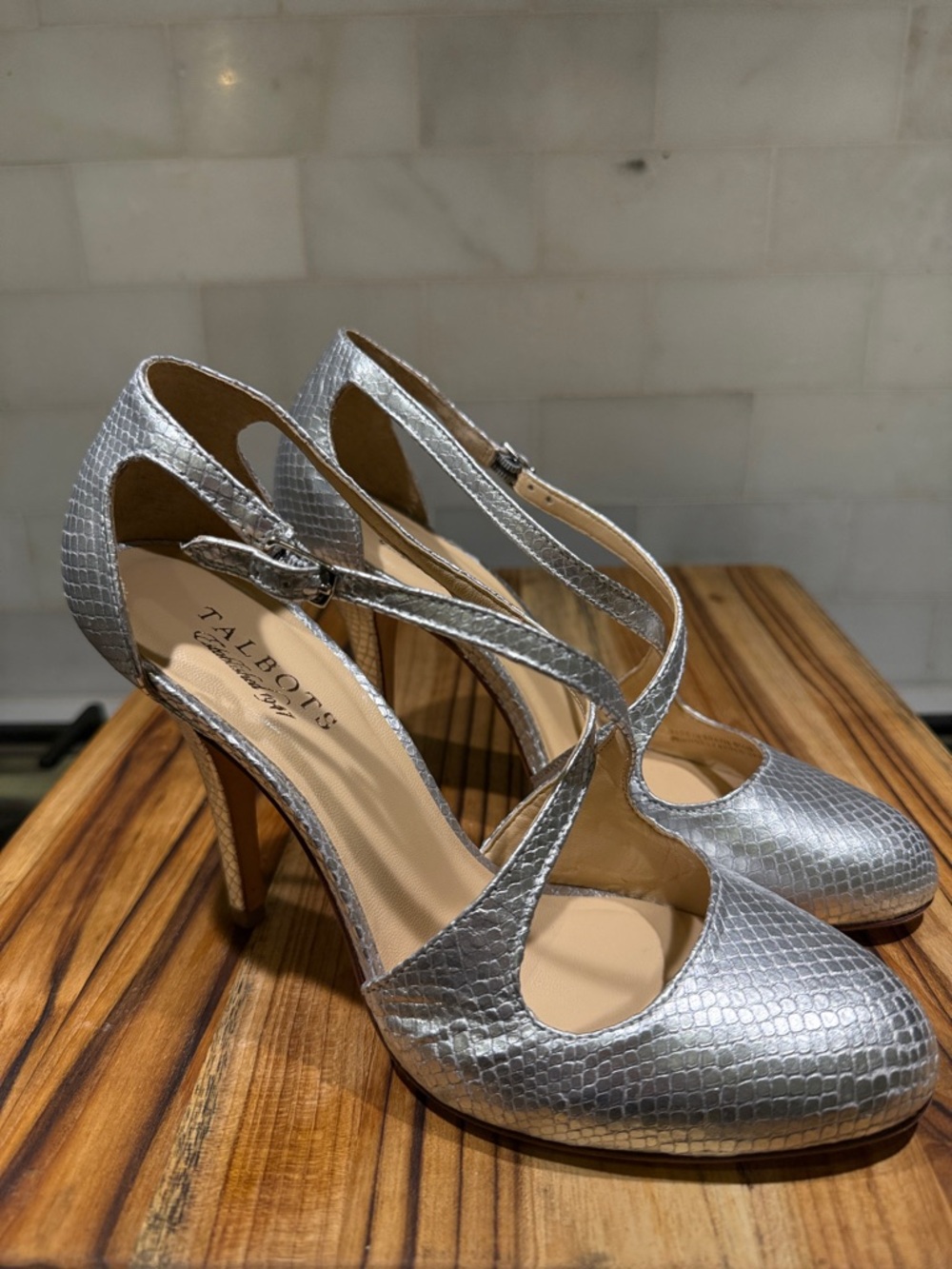 Talbots Silver Textured Cross-Strap High Heels